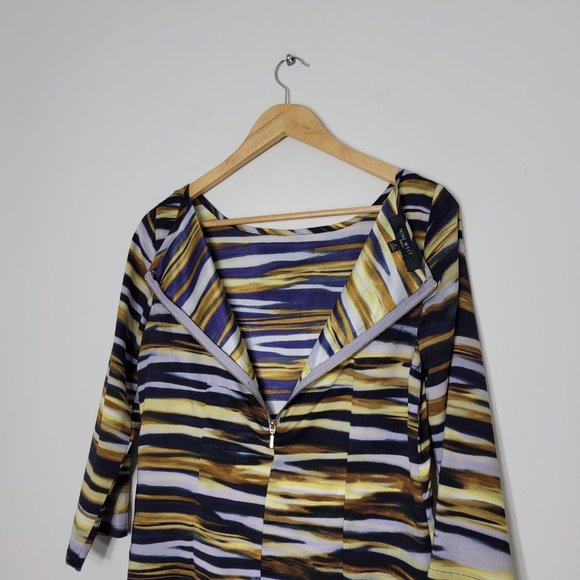 Nine West Brown White Navy 3/4 Sleeve Boat Neck Back Zip Business Casual Dress 6 - Picture 3 of 10